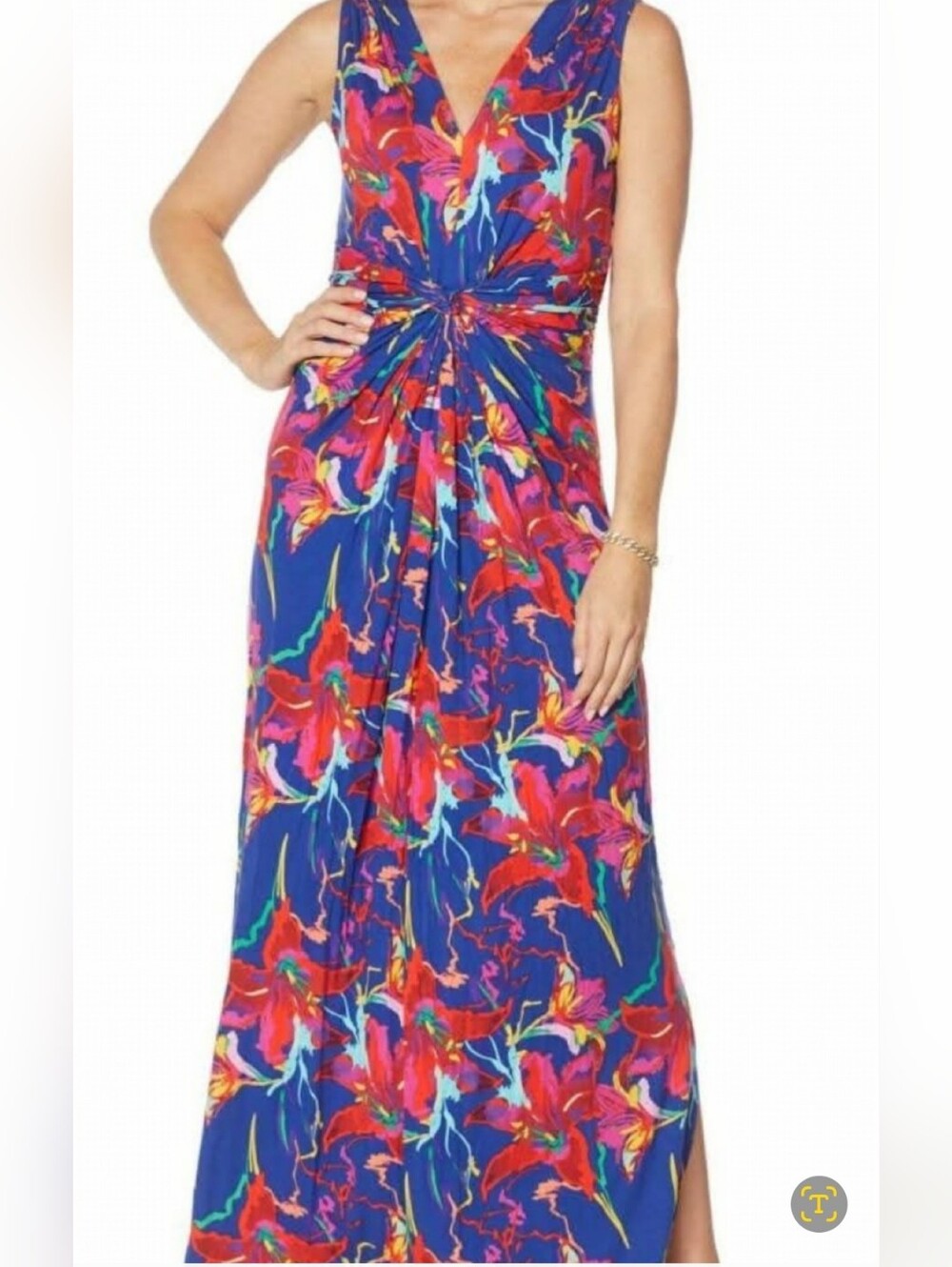 Iman Womens Floral Twist-Front V-Neck Maxi Dress in Blue and Red, Size L/T